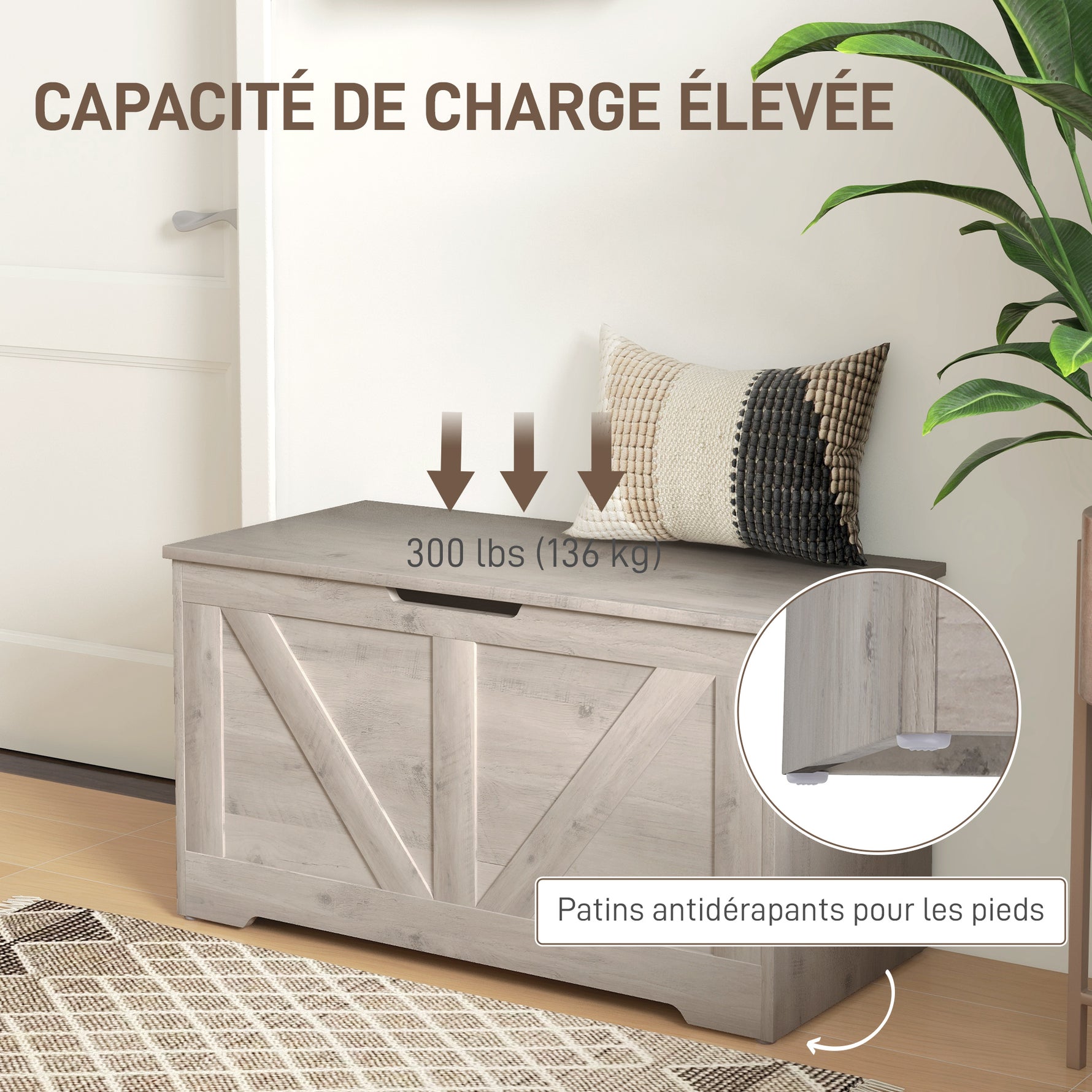 Coffre de rangement, banc de rangement avec couvercle rabattable et charnières de sécurité, 80 x 40 x 45 cm, gris