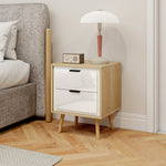 Comodino stretto, tavolino d'appoggio con 2 cassetti silenziosi e gambe in legno massello, 40 x 35 x 50 cm, bianco lucido