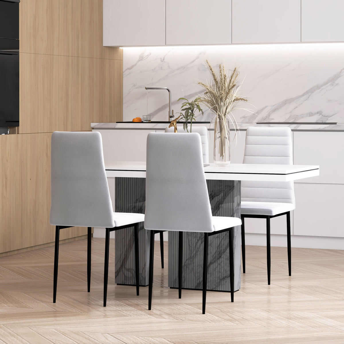 Lot de 4 chaises de salle à manger chaises de cuisine avec dossier haut pieds en métal et tissu en lin 41x50x97cm blanc