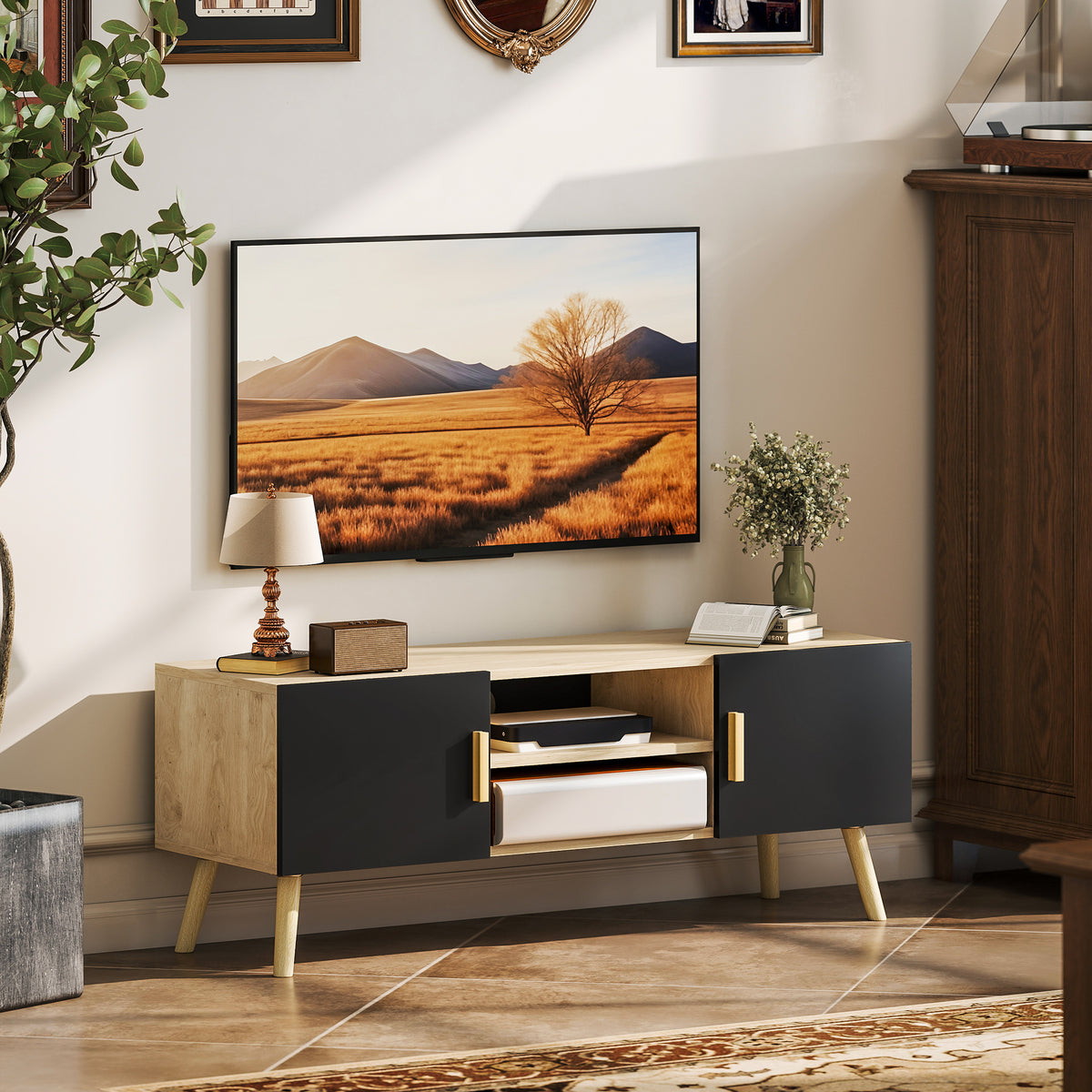 Meuble TV meuble télé bois banc TV jusqu'à 50 pouces avec étagères, 2 placards et passe-câbles, chêne