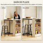 Bartisch-Set mit Hockern, offenen Fächern, verstellbarem Regal und Fußstützen, Eiche und Schwarz
