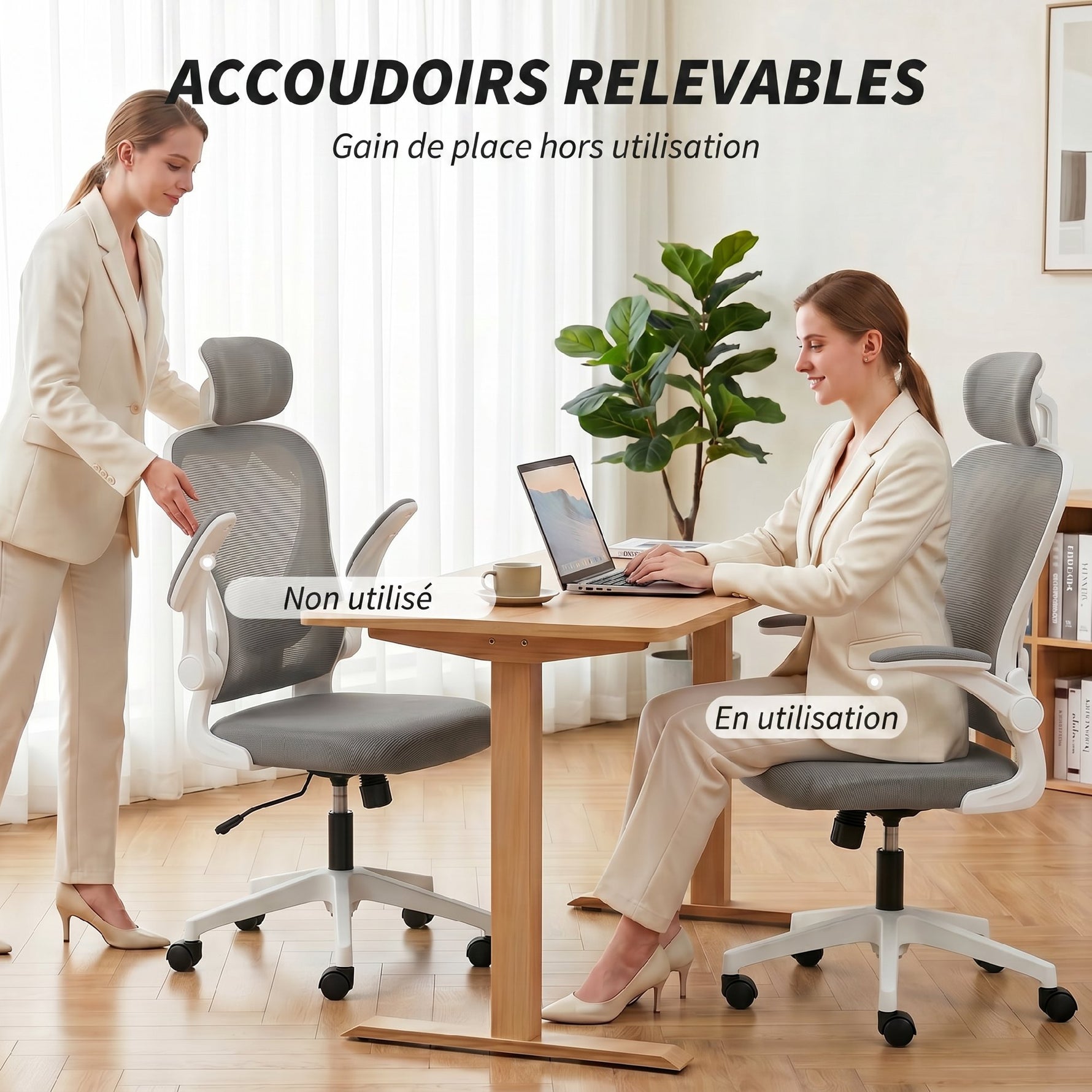 Chaise de Bureau Ergonomique, Fauteuil de Bureau en Maille avec Appui-Tête et Soutien Lombaire Réglables, Gris