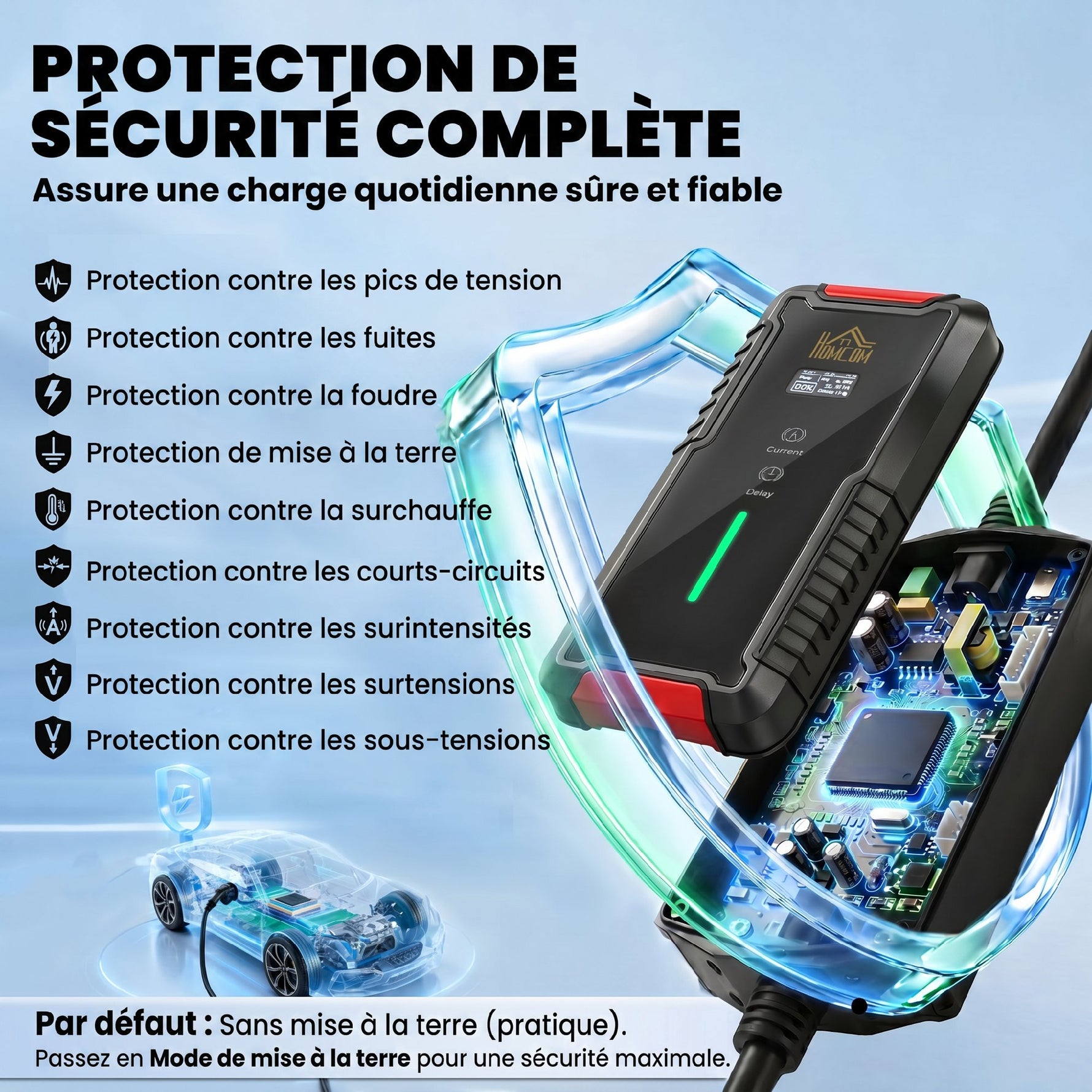 Chargeur Voiture Électrique Type 2 3,7kW [5m, 6/8/10/13/16A] Câble de Recharge Portable Écran LCD Retardateur Noir