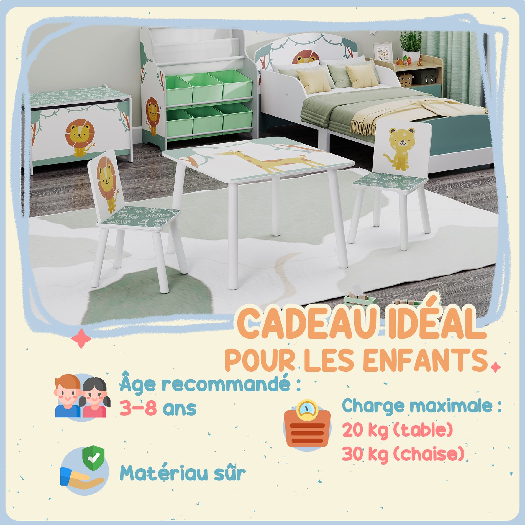 Table enfant avec chaise, ensemble table et 2 chaises enfant en bois, motifs animaux, 60 x 60 x 44 cm, vert