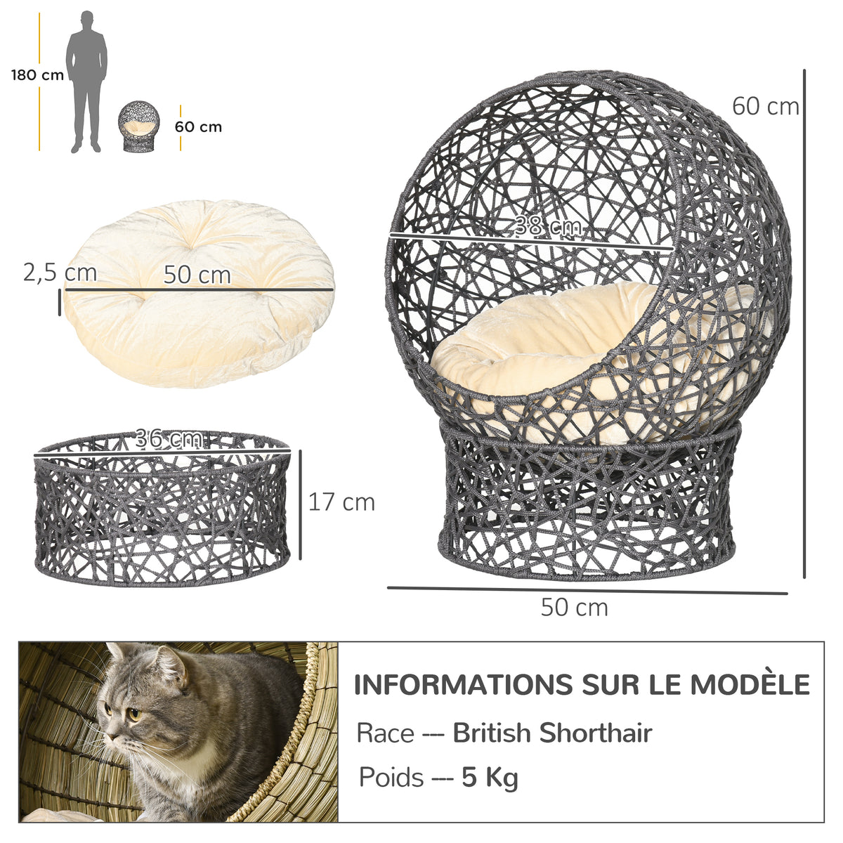 Cuccia per gatti letto rialzato gatto accogliente nicchia grotta 50 x 50 x 60 cm cuscino morbido crema incluso, corda in poliestere viola