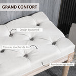 Banc bout de lit banquette capitonnée style vintage français revêtement tissu aspect lin pieds en bois massif crème