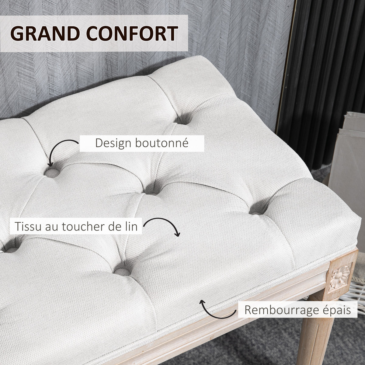 Banc bout de lit banquette capitonnée style vintage français revêtement tissu aspect lin pieds en bois massif crème