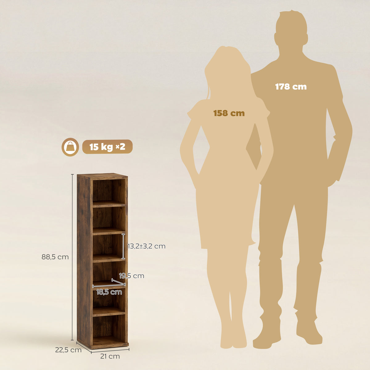 Set di 2 scaffali a colonna armadietto porta CD-DVD 12 scomparti 21 x 22,5 x 88,5 cm capacità 204 CD marrone