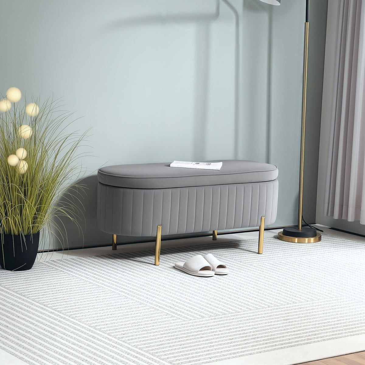 Banc de rangement, bout de lit en velours avec couvercle, pieds en métal, capacité 72 L, 107x42x45,5cm, gris