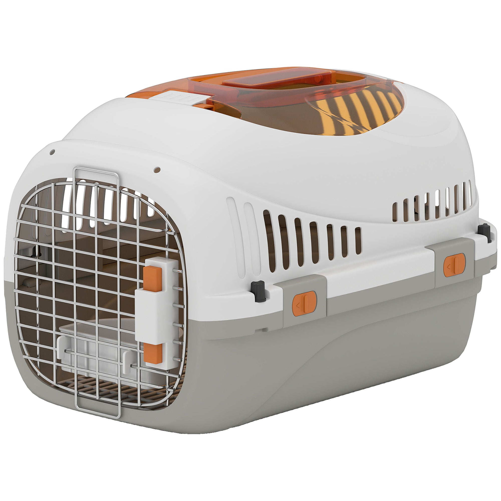 Transportbox für Katzen und Hunde, Transportkäfig mit Stahltür, Futternapf, 49 x 32 x 31 cm, Grau und Creme