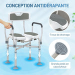 Tabouret de douche, tabouret de bain avec siège rembourrée en U amélioré et accoudoirs, hauteur réglable, gris