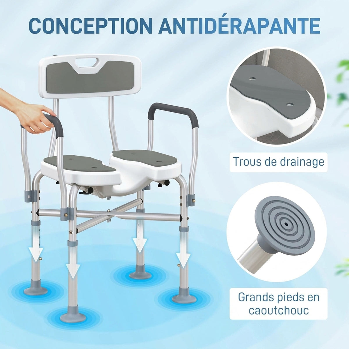 Tabouret de douche, tabouret de bain avec siège rembourrée en U amélioré et accoudoirs, hauteur réglable, gris