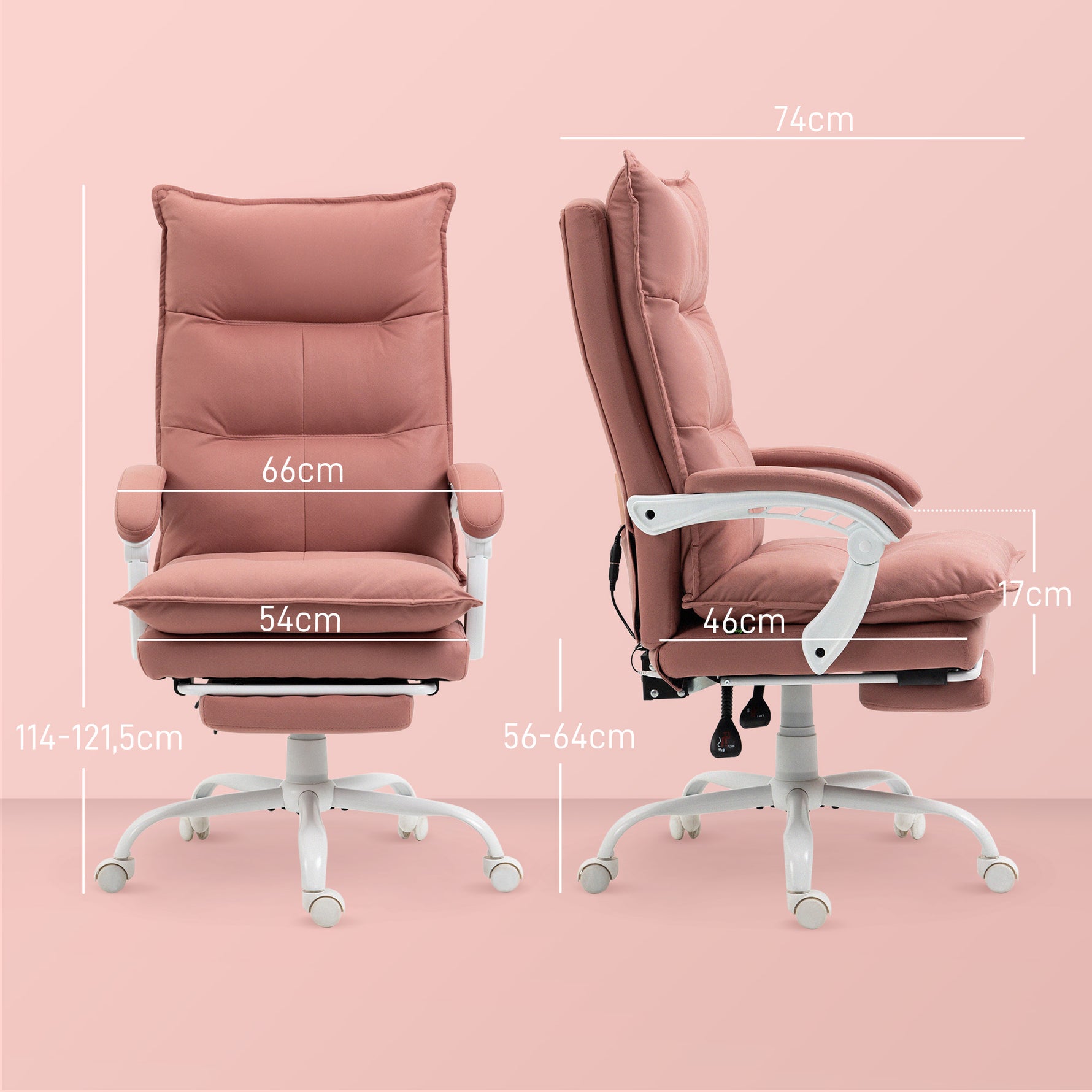 Fauteuil de bureau massant et chauffant, chaise de bureau, hauteur réglable, dossier inclinable, 66x74x121,5cm rose