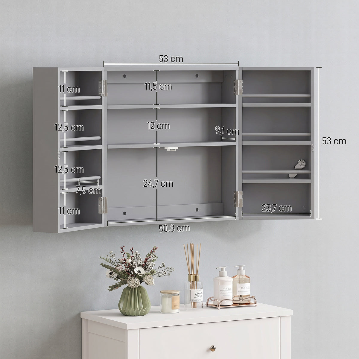 Armoire à pharmacie murale, armoire à médicaments avec double porte verrouillable 2 clés, 53x20x53cm, gris