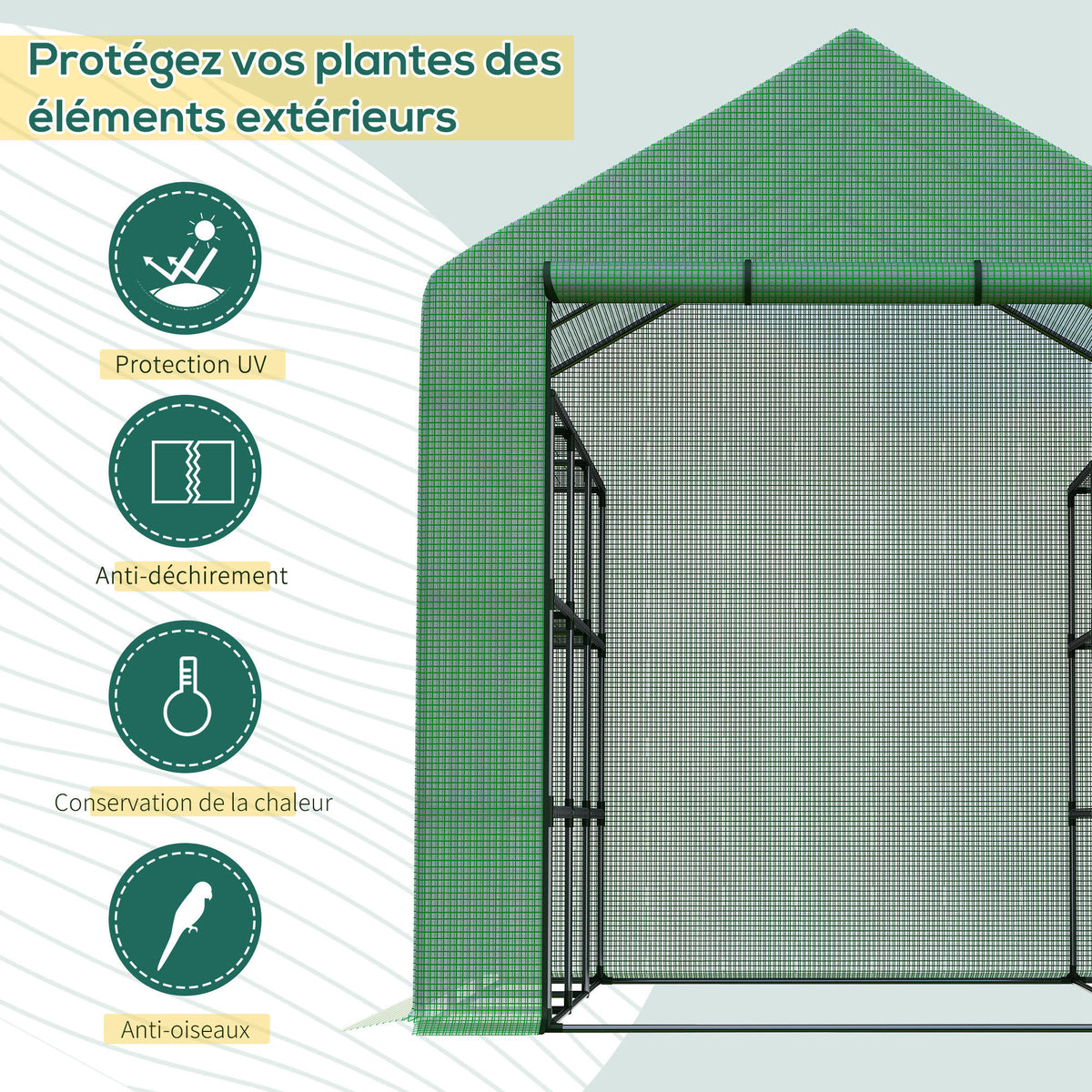 Serre de jardin serre d'hivernage avec étagères 3 niveaux porte enroulable tube en acier 244 x 180 x 210 cm vert