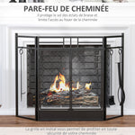 Pare-feu Large pour cheminée ou poêle - Pare-étincelles serviteur de cheminée 2 en 1 avec Accessoires - 3 Volets Pliables et Porte - Acier métal Noir-3
