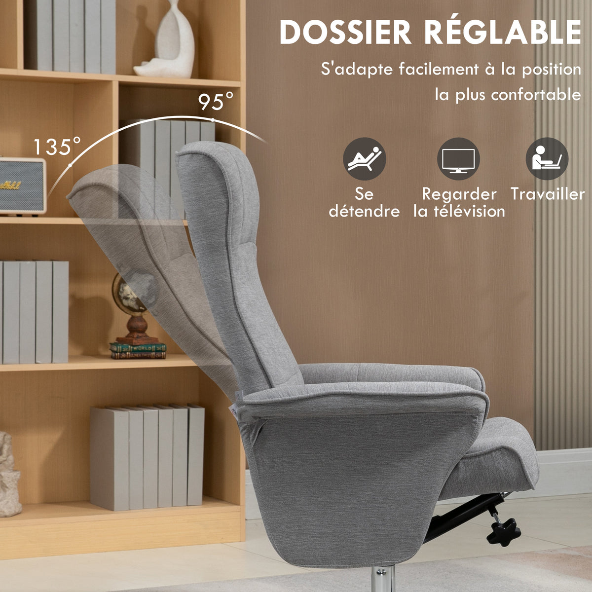 Fauteuil relax inclinable 135° pivotant 360° avec repose-pieds revêtement tissu gris