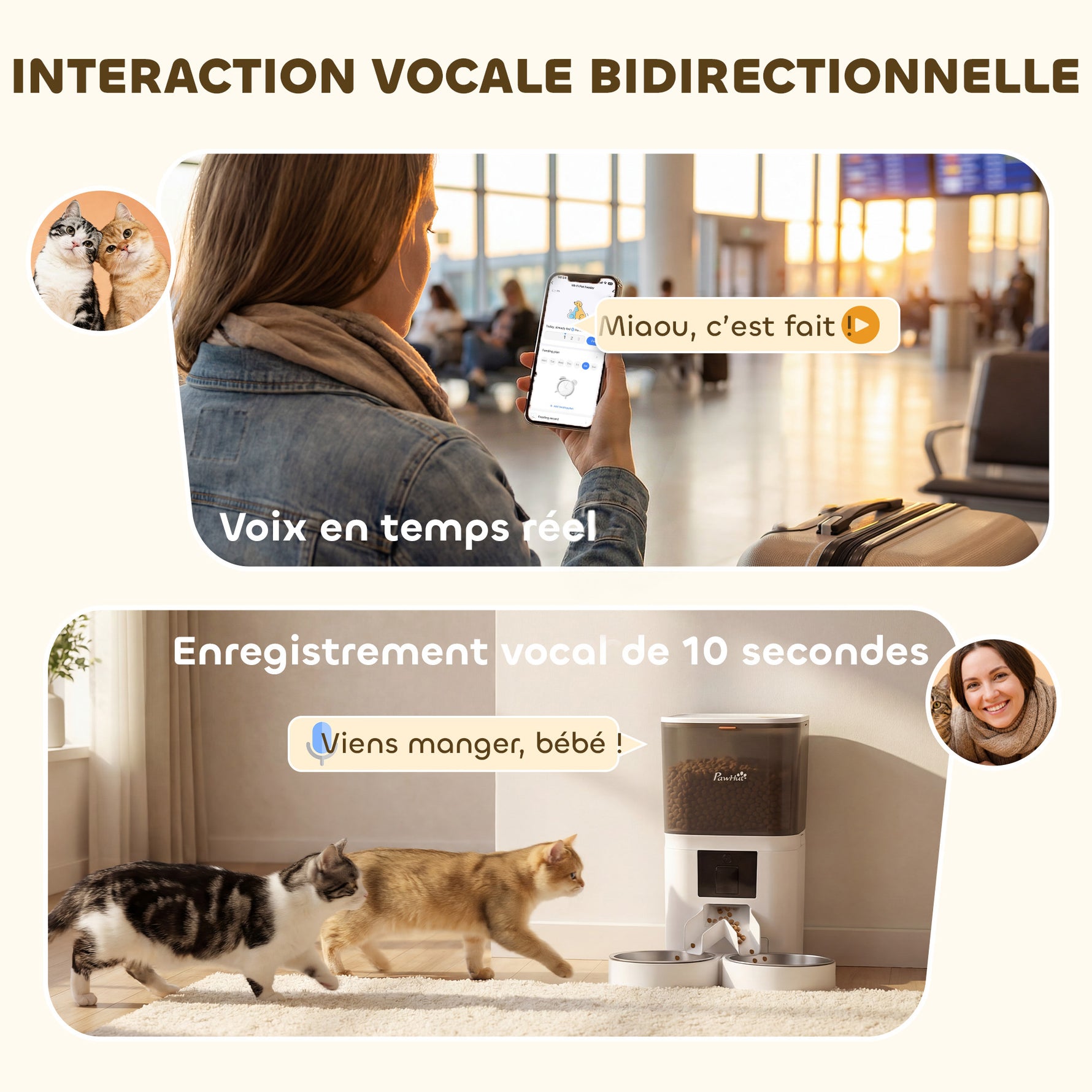 Distributeur Croquettes Chat Automatique 2 Animaux 6L Double Bol Inox WiFi Tuya App ABS 37x36x35cm Blanc