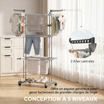 Séchoir à linge pliable 4 niveaux avec roulettes, étendoir linge intérieur avec ailes latérales, cadre en acier, gris