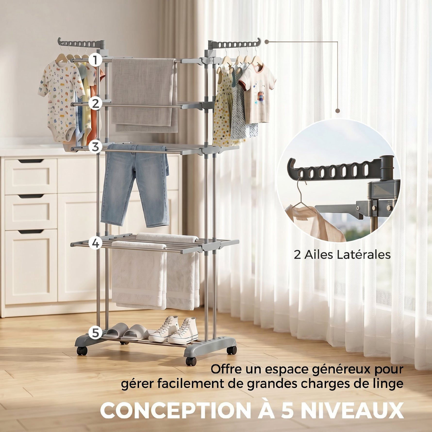 Séchoir à linge pliable 4 niveaux avec roulettes, étendoir linge intérieur avec ailes latérales, cadre en acier, gris