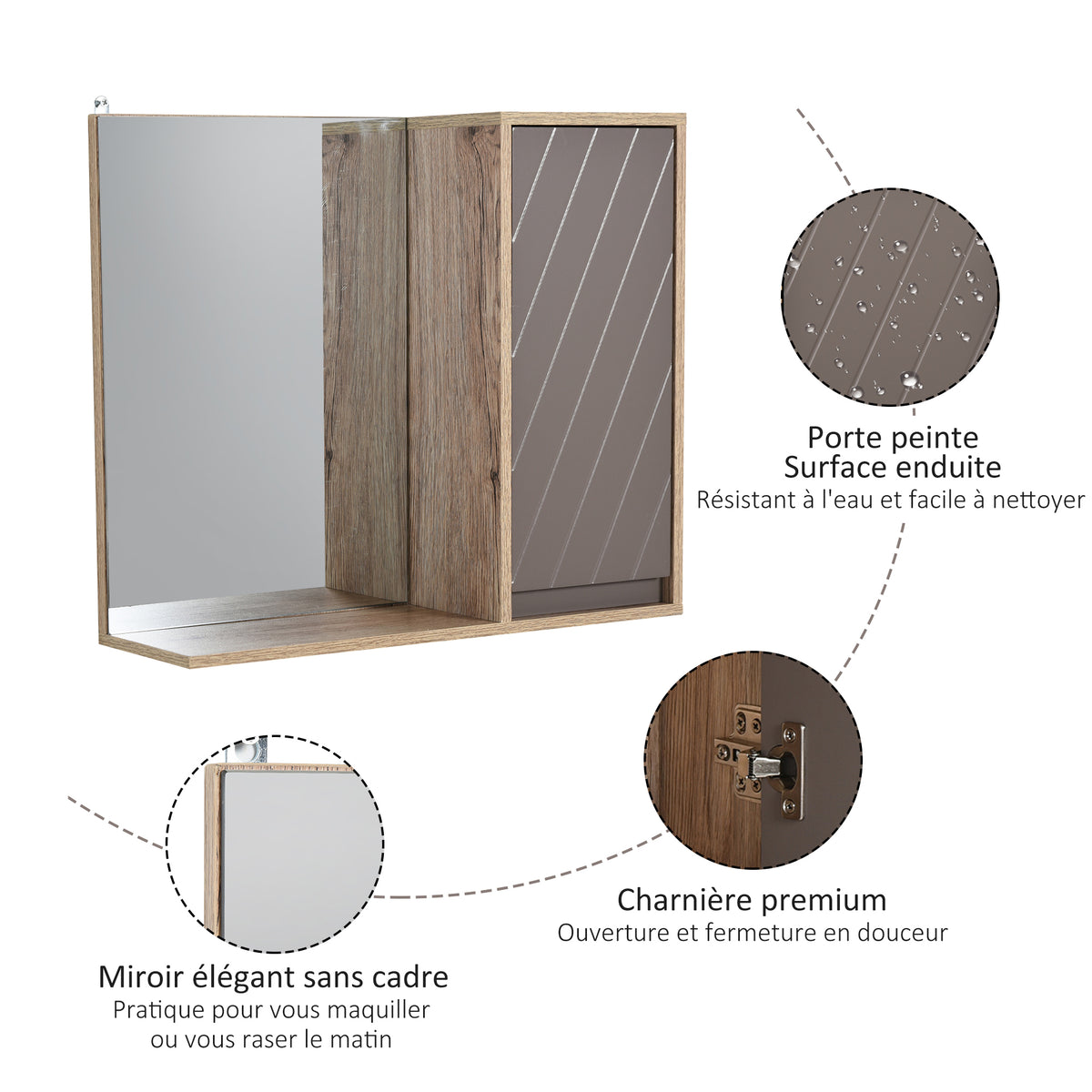 Miroir de Salle de Bain avec étagère et Placard - système Fixation intégré - Panneaux Particules chêne Clair Gris