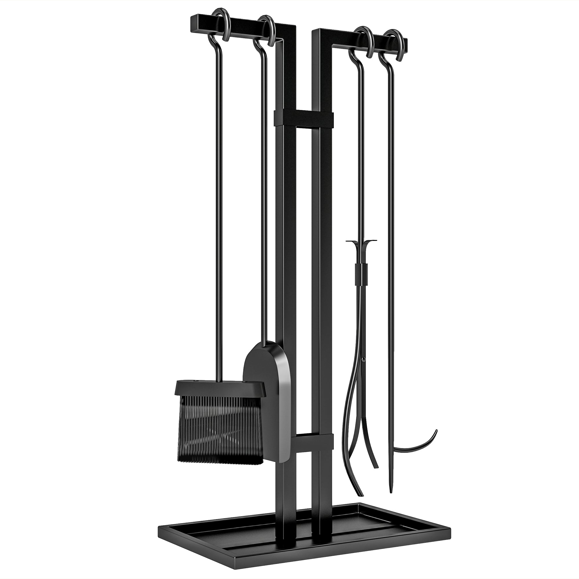 Ensemble serviteur de cheminée 5 pièces, outils de cheminée, en métal, balai, pelle, pince, tisonnier et support, noir-0