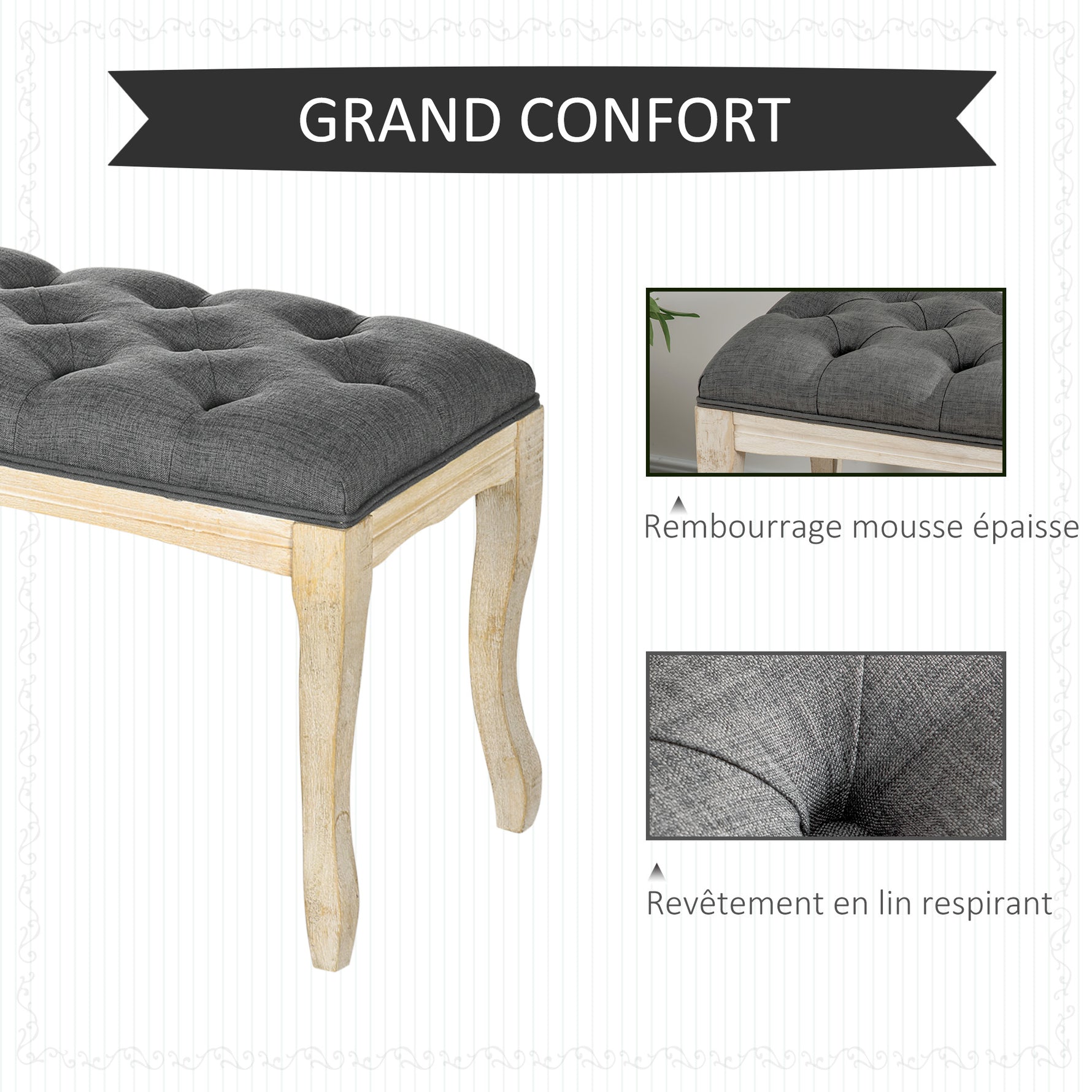 Banc Banquette capitonnée Style Classique 110 cm Bout de lit Rembourrée en lin piètement Bois hévéa sculpté Lin Gris