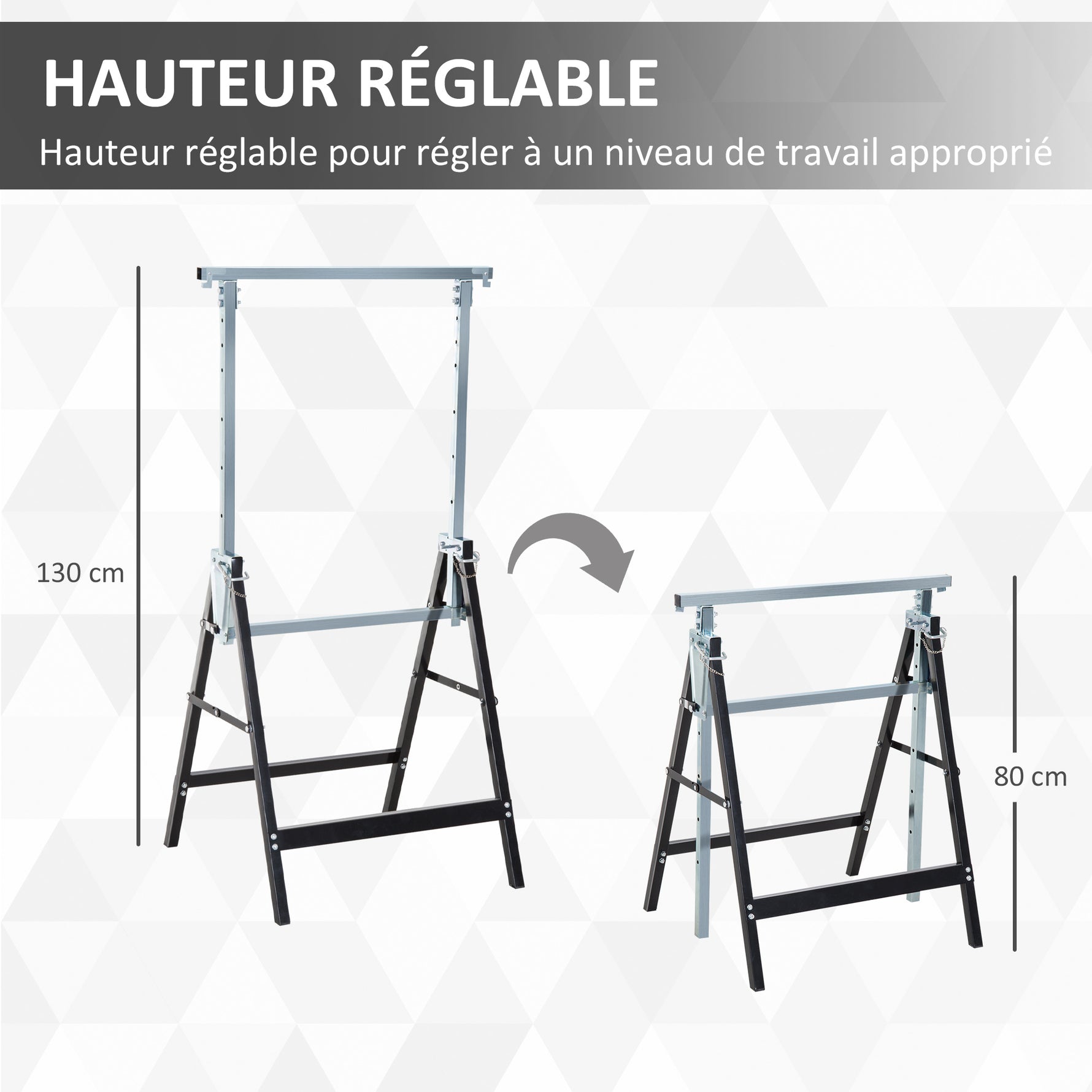 Lot de 2 tréteaux pliables télescopiques hauteur réglable 80-130 cm noir