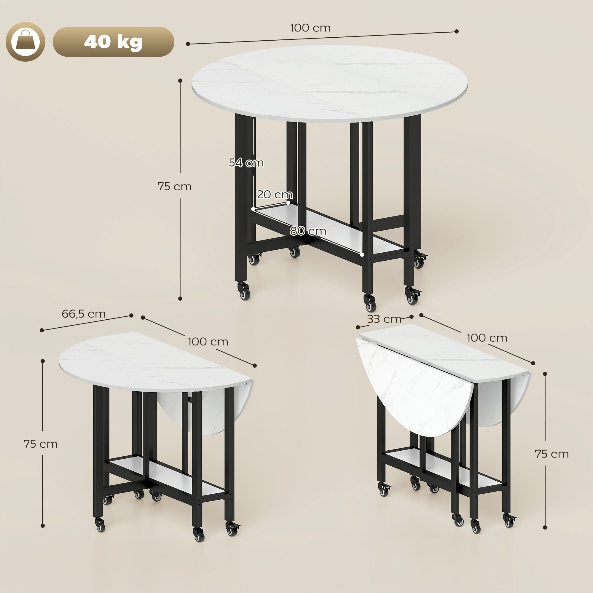 Klappbarer Esstisch auf Rollen, Küchentisch für 4 Personen mit integriertem Regal, 100 x 100 x 75 cm, Weiß