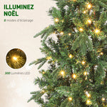 Sapin de Noël artificiel 210 cm, arbre de Noël slim avec 300 lumières 8 modes d'éclairage 826 branches articulées, vert