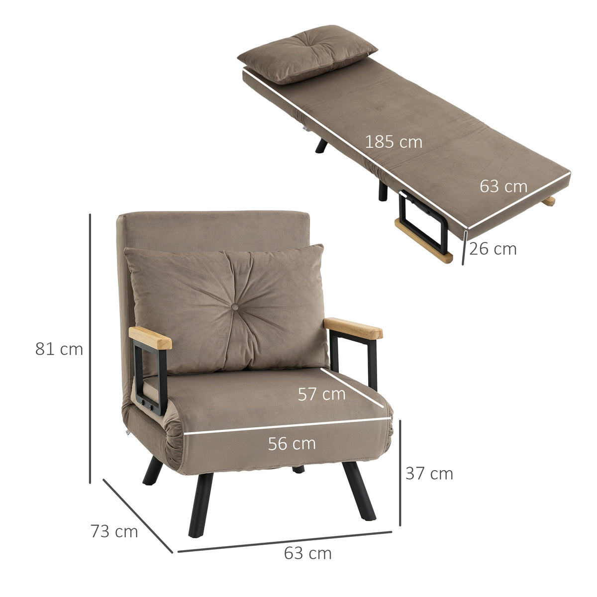 Fauteuil convertible 4 en 1 lit 1 place dossier 5 positions, accoudoirs en bois et coussin, tissu effet velours, marron