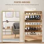 Meuble à chaussures 9 paires, armoire à chaussures étroite, 3 tiroirs rabattables portes miroirs, 65x17x114,5cm naturel