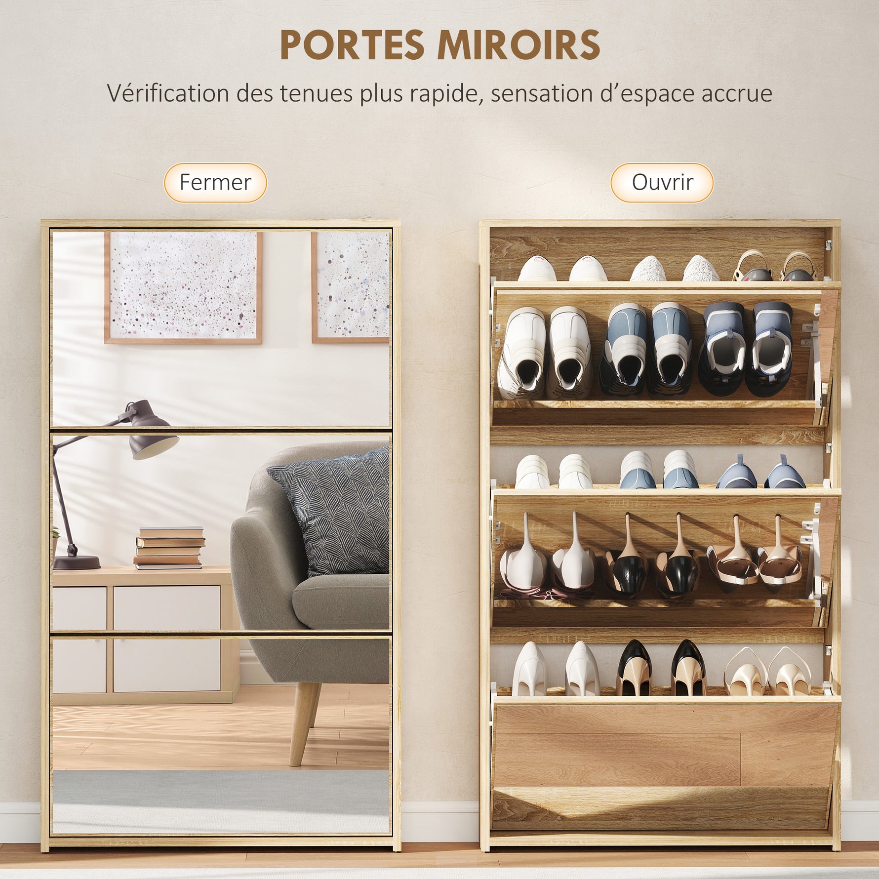 Meuble à chaussures 9 paires, armoire à chaussures étroite, 3 tiroirs rabattables portes miroirs, 65x17x114,5cm naturel