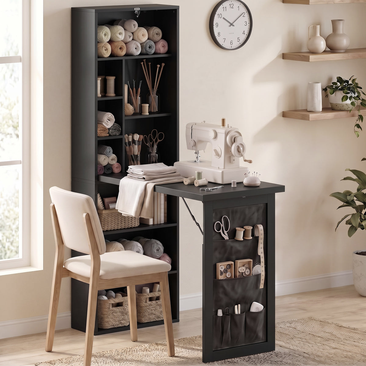 Bureau Informatique Pliable avec Pochette Suspendue, Compartiments Ouverts et Étagère Réglable, Noir