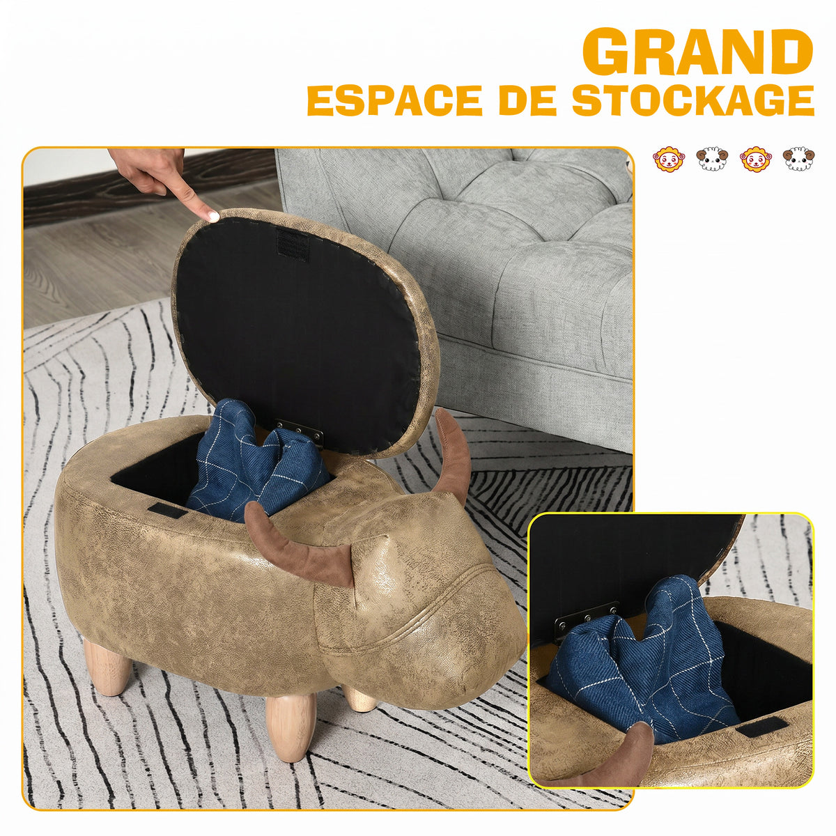 Tabouret Vache - Pouf Vachette - Pouf Taureau Coffre de Rangement 2 en 1 - Pieds Bois d'hévéa revêtement synthétique Aspect Daim Vieilli Marron