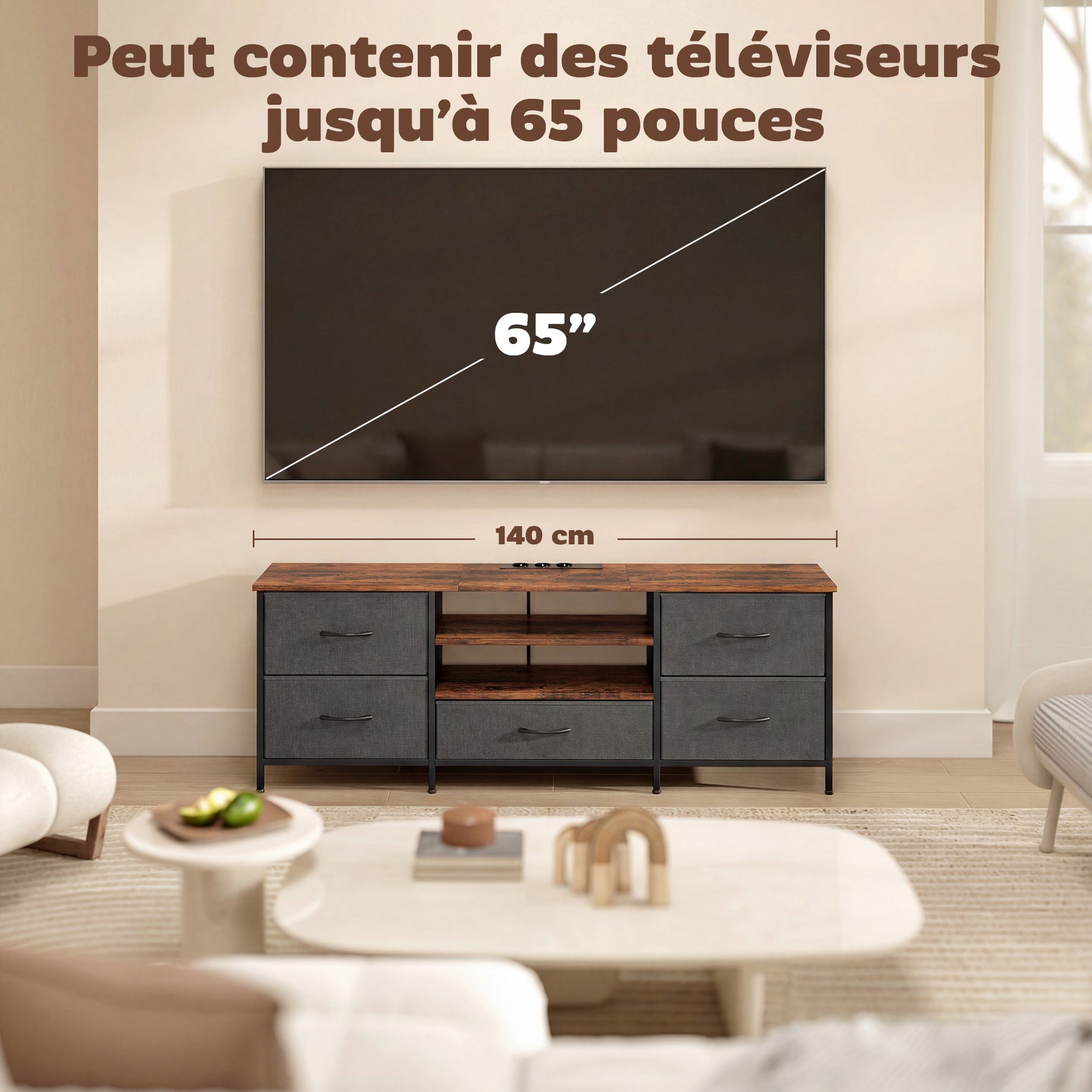 Meuble TV 140 cm, meuble télé 65 pouces, station de charge, 5 tiroirs en tissu, étagères ouvertes, 140x30x50cm, marron