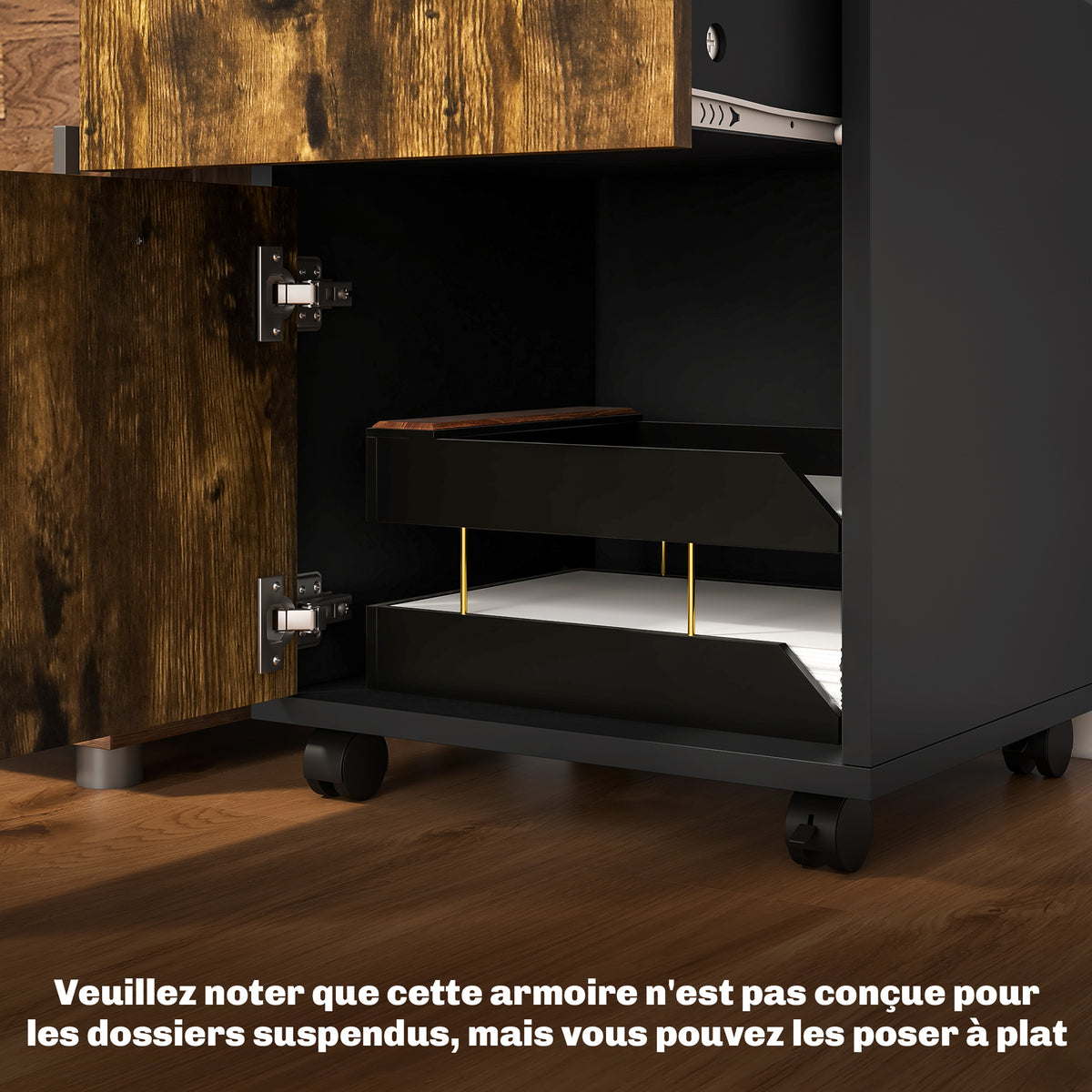 Caisson de bureau à roulettes avec tiroir placard niche pour documents et dossier suspendu 40 x 35 x 60 cm brun rustique