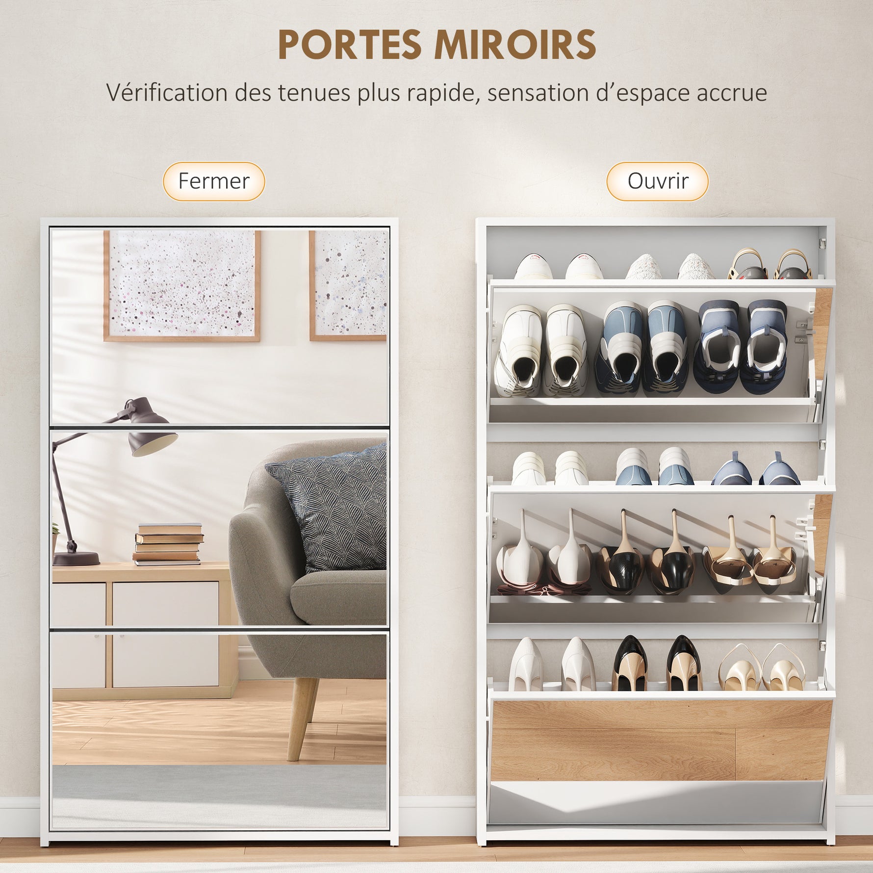 Meuble à chaussures 9 paires, armoire à chaussures étroite, 3 tiroirs rabattables et portes miroirs, 65x17x114,5cm blanc