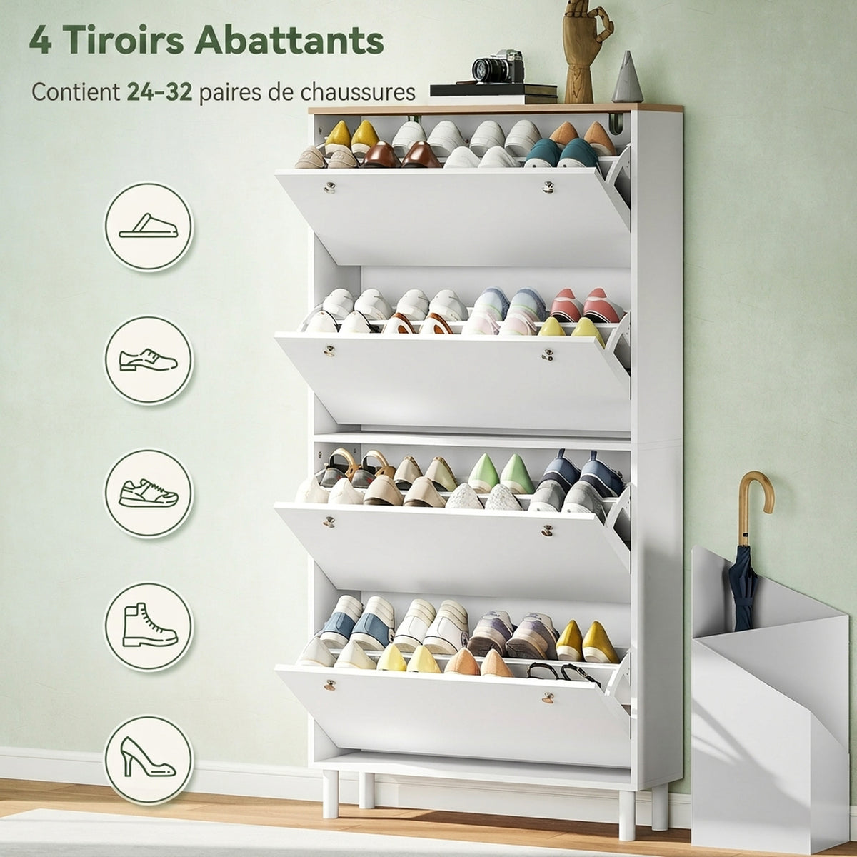 Meuble à Chaussures 32 Paires avec 4 Tiroirs Rabattables, Étagères Réglables, Moderne, 80 x 23,5 x 157 cm, Blanc