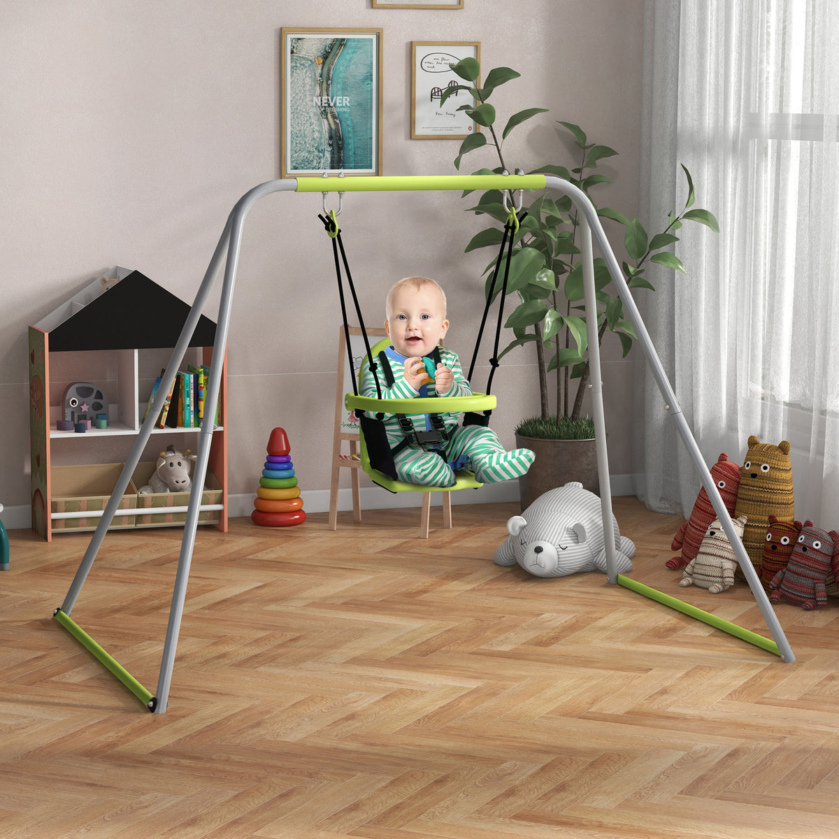 2-in-1 baby swing set with 5-point safety harness for indoor and outdoor use, green