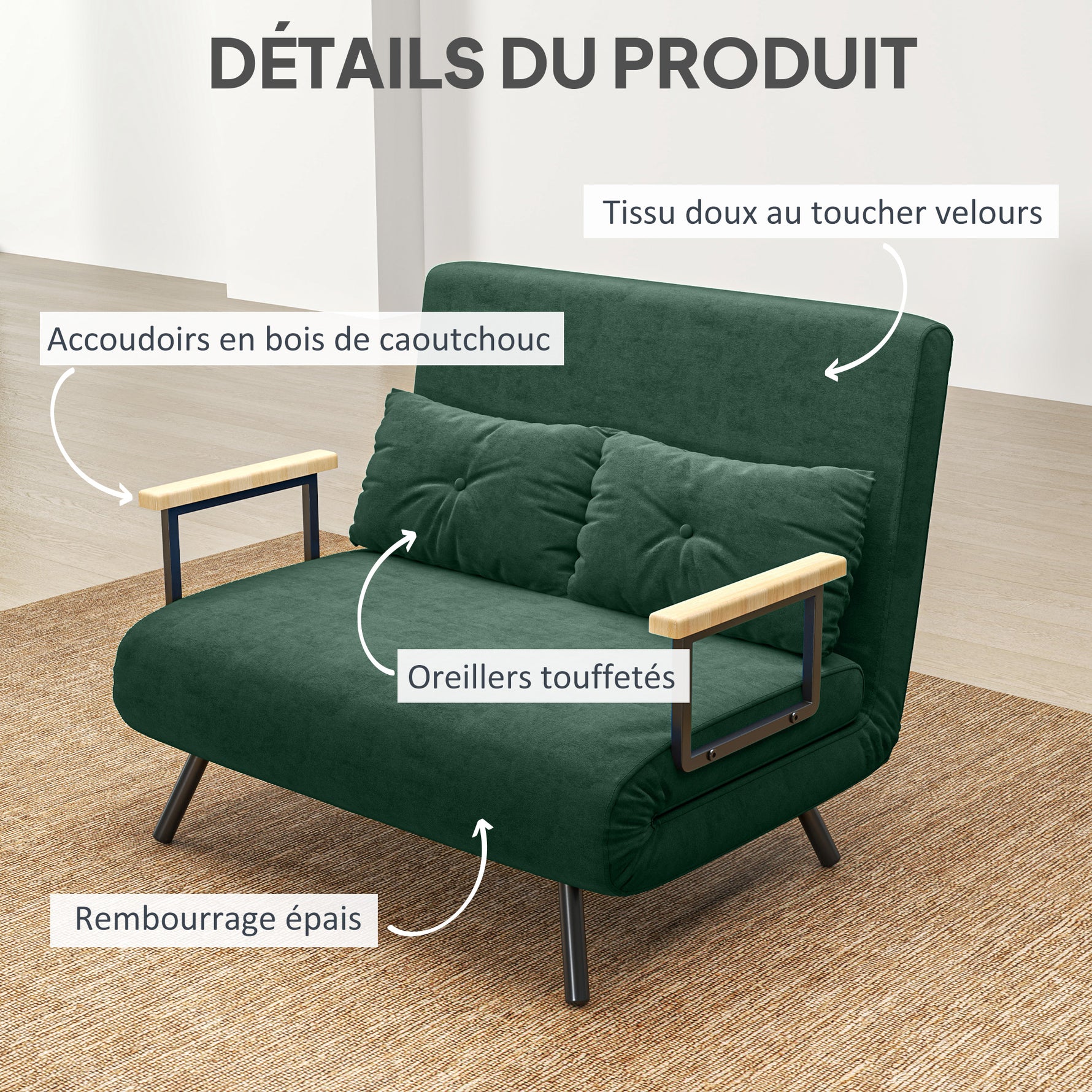 Canapé convertible 2 places 4 en 1, canapé-lit avec dossier réglable sur 5 niveaux, 2 coussins, 102 x 73 x 81 cm, vert