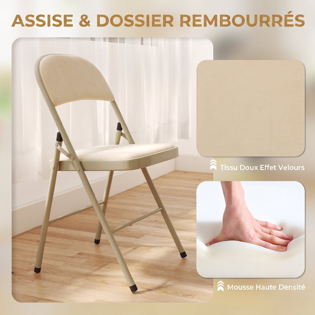 Lot de 4 chaises pliantes et portables intérieur avec assises et dossiers rembourrés en velours, cadre en acier, beige