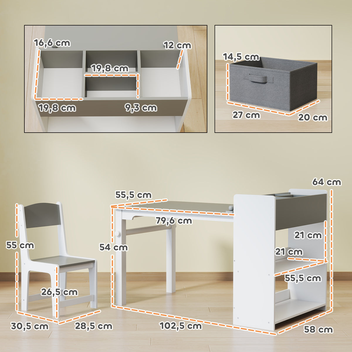 Conjunto de mesa y 2 sillas infantiles de madera con rollo de papel, estantes y cajones, para niño y niña de 3 a 8 años, gris