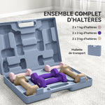 Ensemble d'haltères hexagonaux 12 kg avec mallette lot de 6 haltères revêtement en polyuréthane, en acier, multicolore