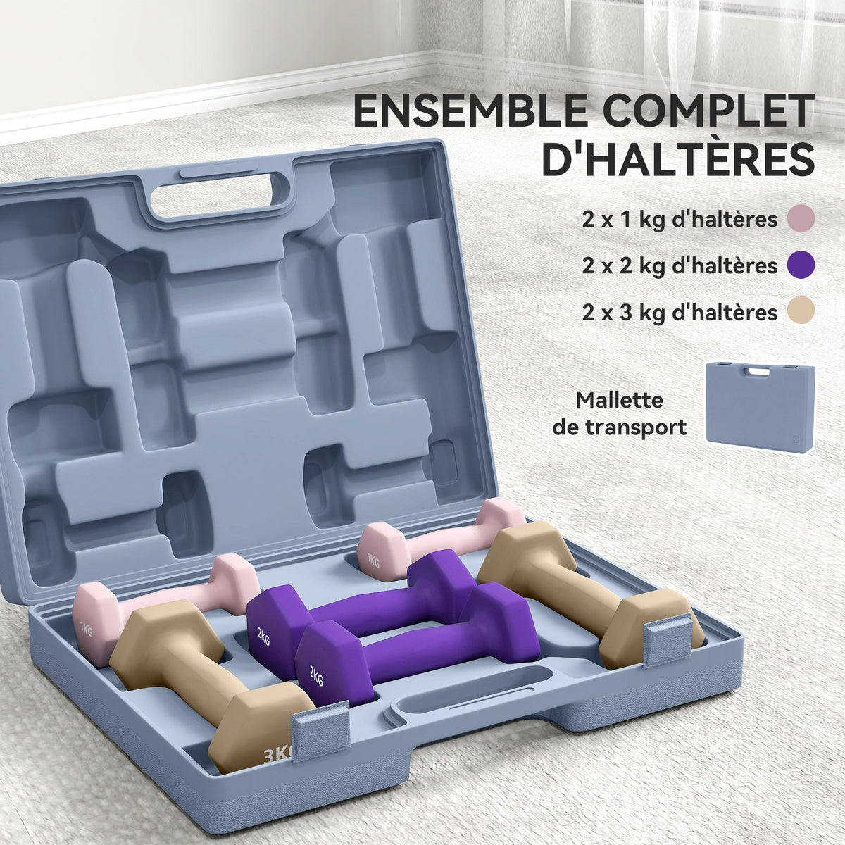 Ensemble d'haltères hexagonaux 12 kg avec mallette lot de 6 haltères revêtement en polyuréthane, en acier, multicolore