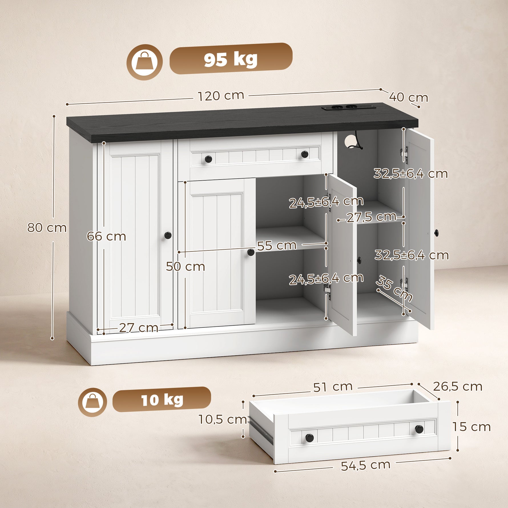 Buffet Salon avec Station de Charge, Meuble de Rangement avec 4 Portes, Tiroir, Étagères Réglables, Blanc et Noir