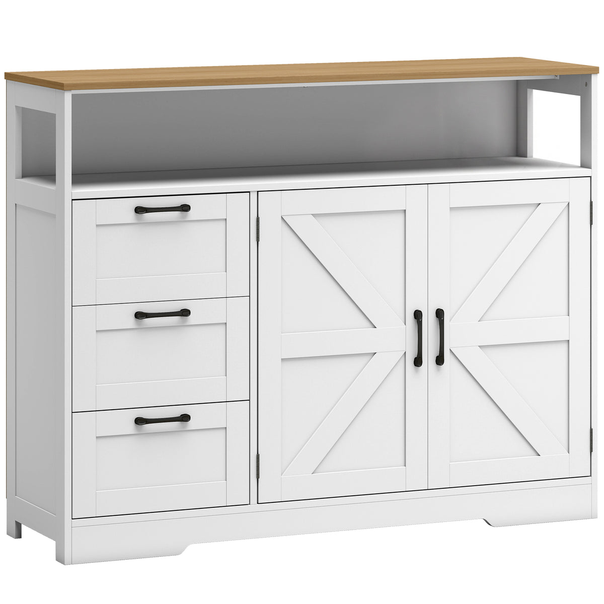 Credenza da cucina, mobile contenitore con 3 cassetti, 2 ante stile rustico, piano di lavoro e scomparto aperto, bianco