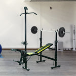 Banc de musculation Fitness entrainement complet dossier réglable cordes traction curler supports barre et haltères noir et jaune