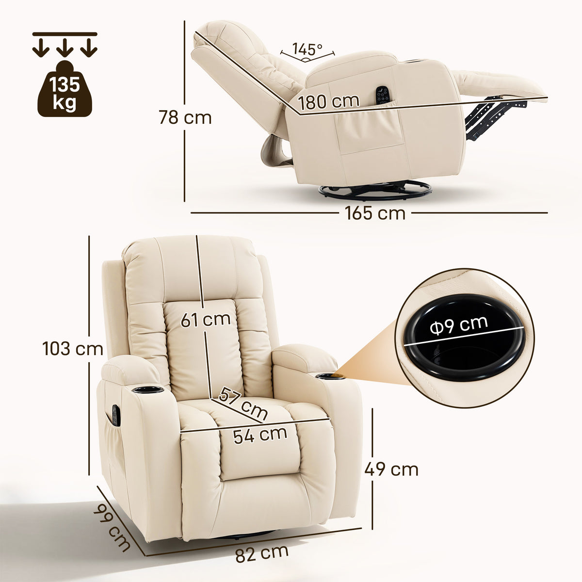 Fauteuil inclinable de massage et chauffage, fauteuil de relaxation, dossier réglable, pivotant 360°, 82x99x103cm, crème