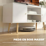 Meuble TV style scandinave 2 portes 2 niches passe-fils piètement bois pin panneaux blanc - 120 x 34 x 50 cm blanc